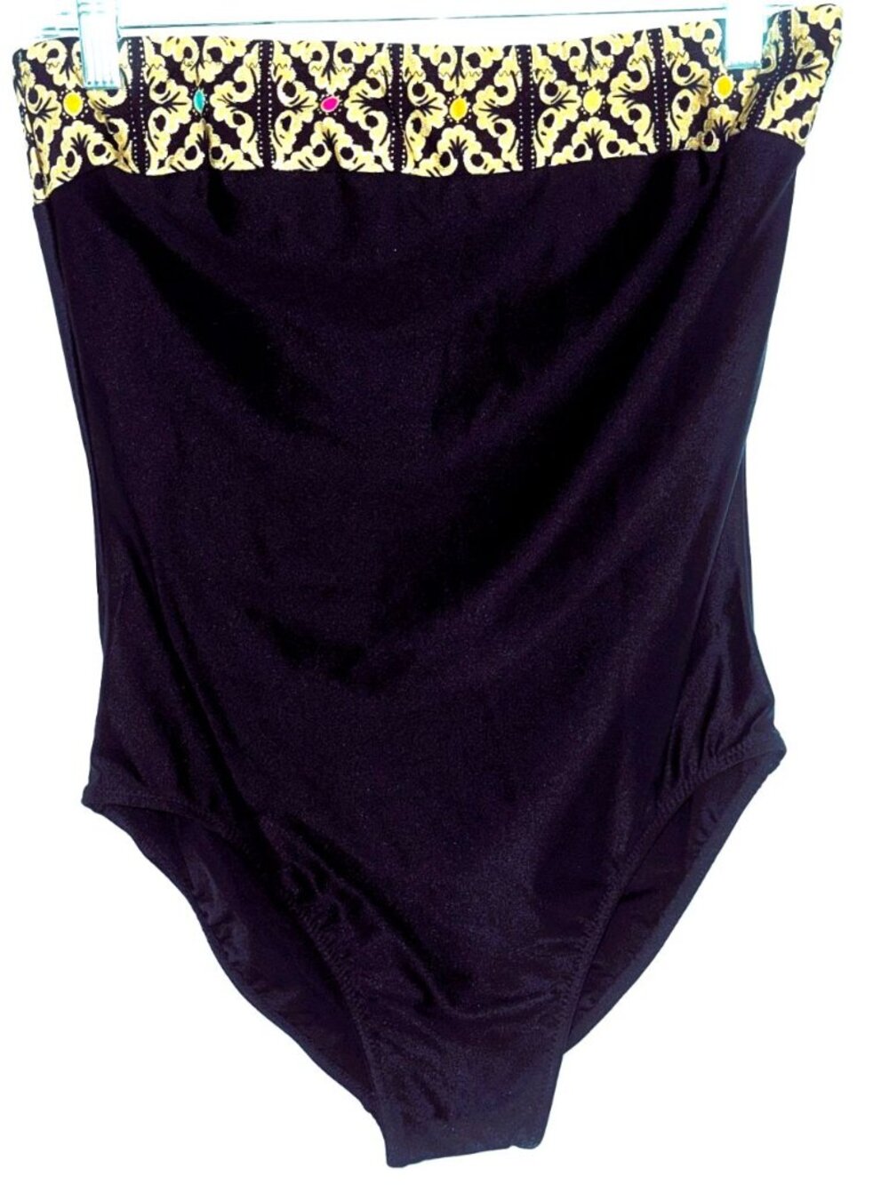 Gottex Black Spandex Bandeau 1- Piece Bathing Suit w/ Gold Design Trim on top